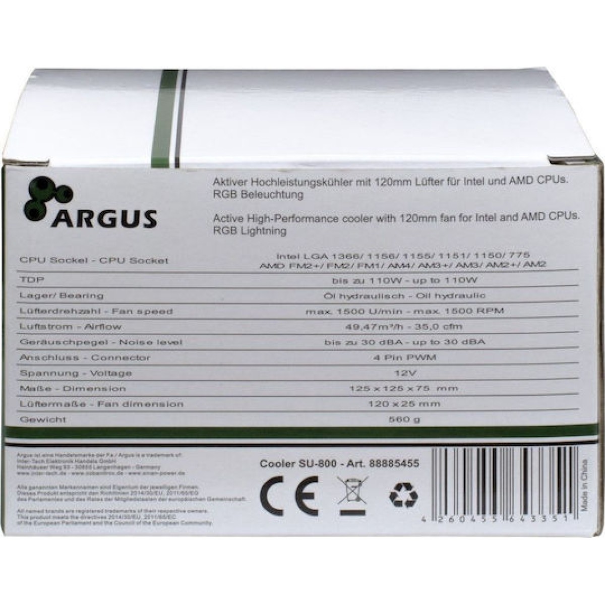 Inter-Tech Argus SU-800 Ψύκτρα Επεξεργαστή για Socket AM4/115x/AM3/AM3+ με RGB Φωτισμό