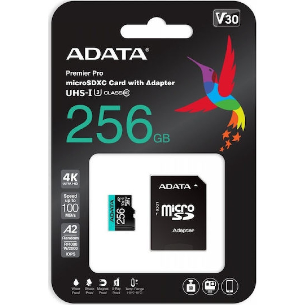 Adata Premier Pro microSDXC 256GB Class 10 U3 V30 A2 UHS-I με αντάπτορα