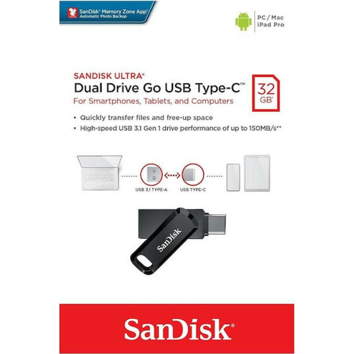Sandisk Ultra Dual Drive Go 32GB USB 3.1 Stick με σύνδεση USB-A & USB-C Μαύρο
