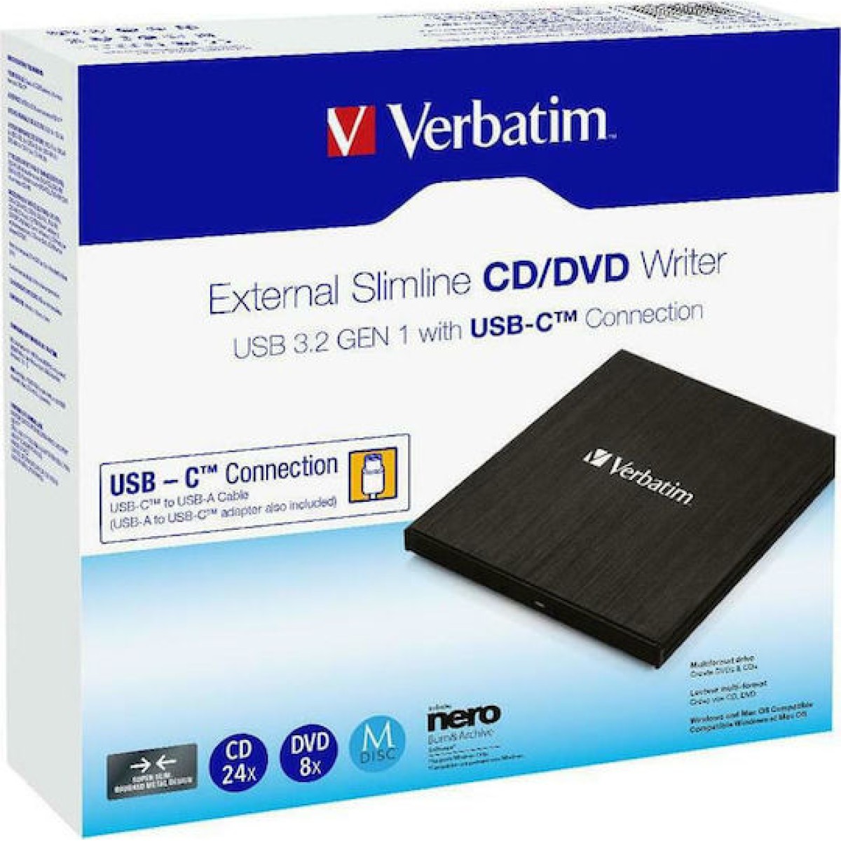 Verbatim Εξωτερικός Οδηγός Εγγραφής/Ανάγνωσης DVD/CD για Laptop / Desktop Μαύρο