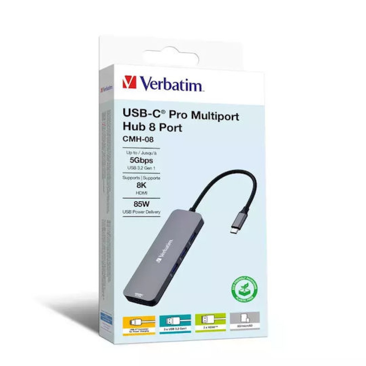 Verbatim USB-C Pro CMH-08 USB-C Docking Station με HDMI 4K PD και σύνδεση 2 Οθονών Γκρι