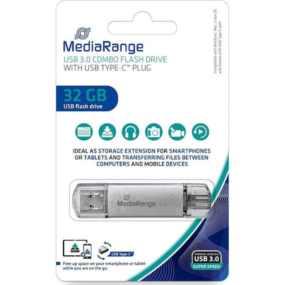 MediaRange 32GB USB 3.0 Stick με σύνδεση USB-A & USB-C Γκρι