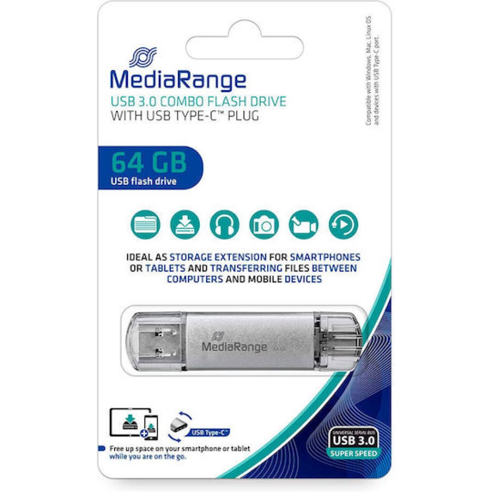 MediaRange 64GB USB 3.0 Stick με σύνδεση USB-A & USB-C Ασημί