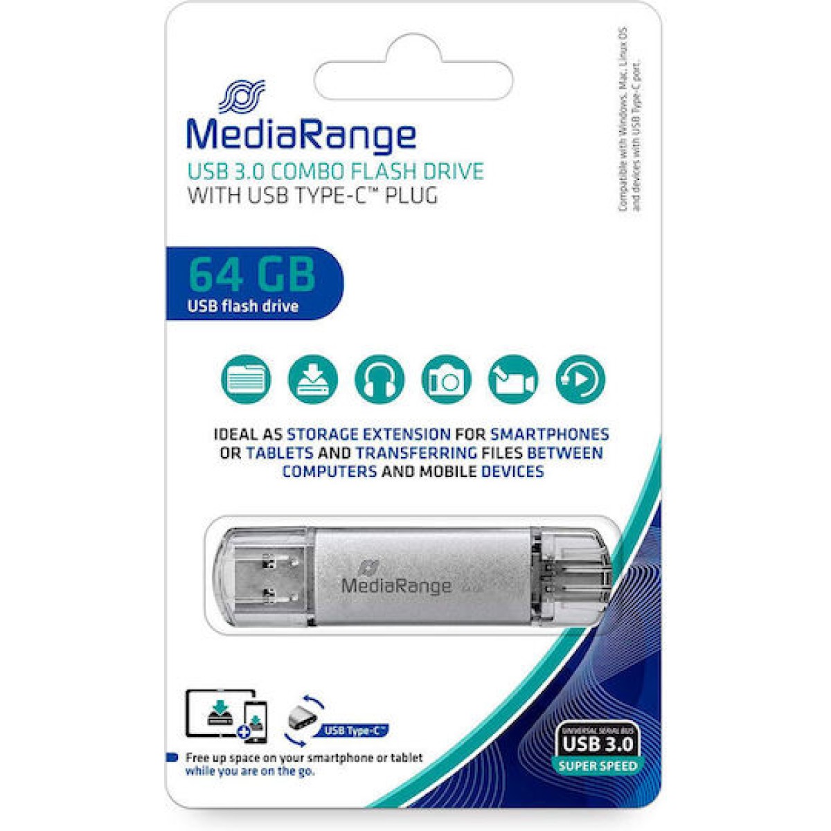 MediaRange 64GB USB 3.0 Stick με σύνδεση USB-A & USB-C Ασημί