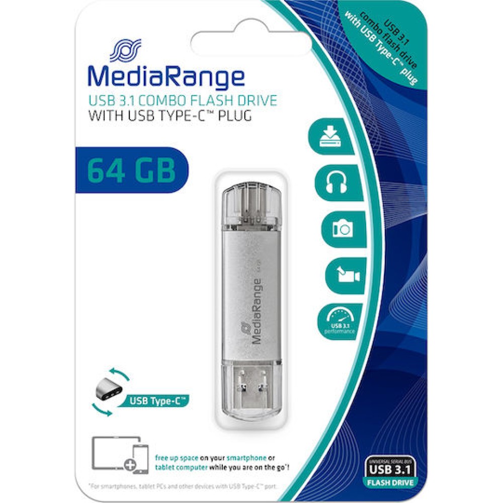 MediaRange 64GB USB 3.0 Stick με σύνδεση USB-A & USB-C Ασημί