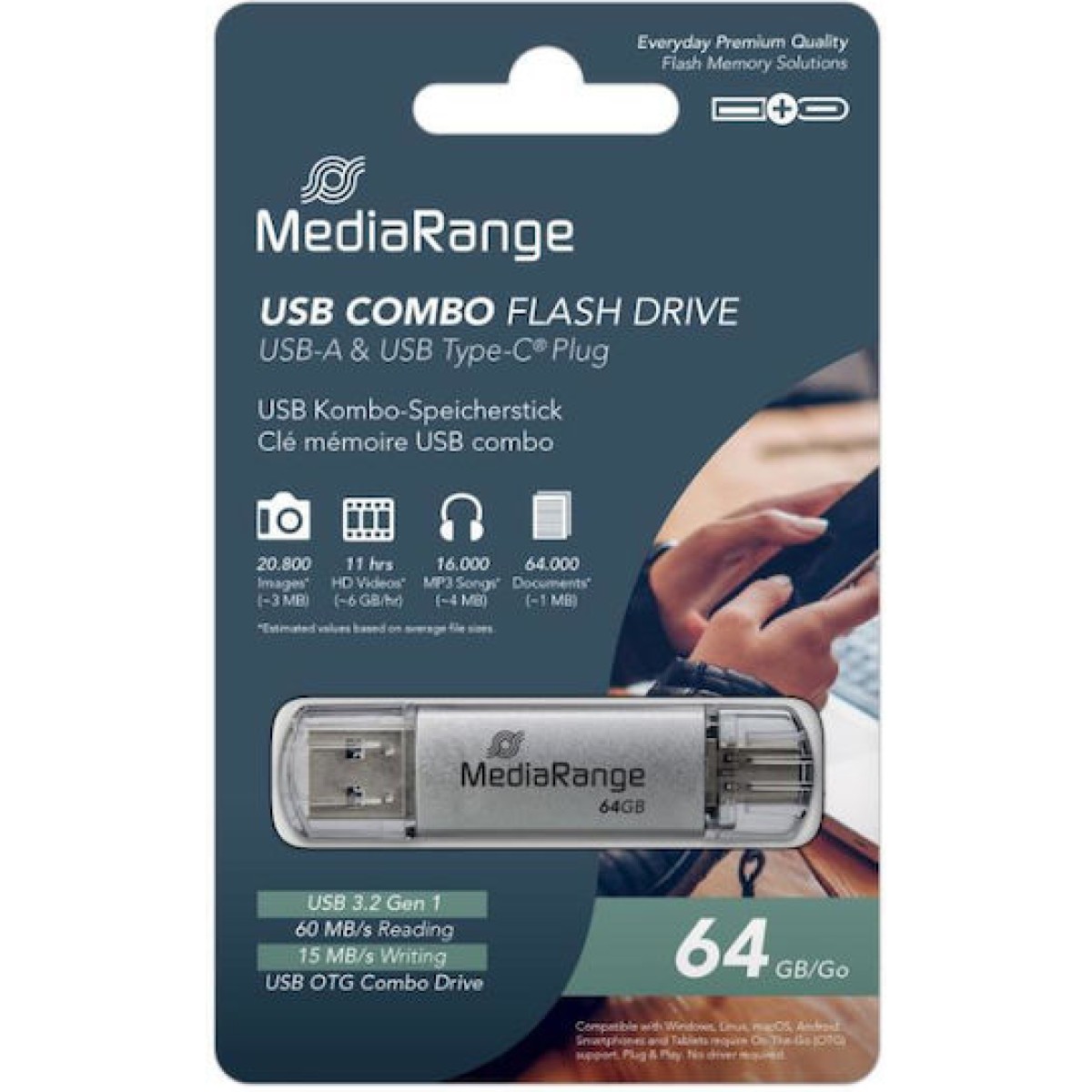 MediaRange 64GB USB 3.0 Stick με σύνδεση USB-A & USB-C Ασημί