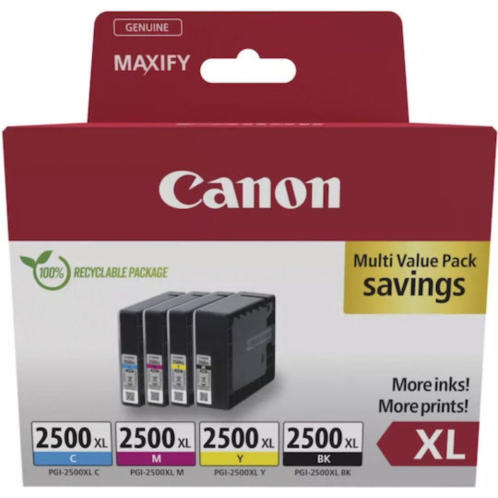 Canon PGI-2500XL Γνήσιο Πακέτο 4 Μελανιών Εκτυπωτή InkJet Κίτρινο / Κυανό / Ματζέντα / Μαύρο (9254B010)