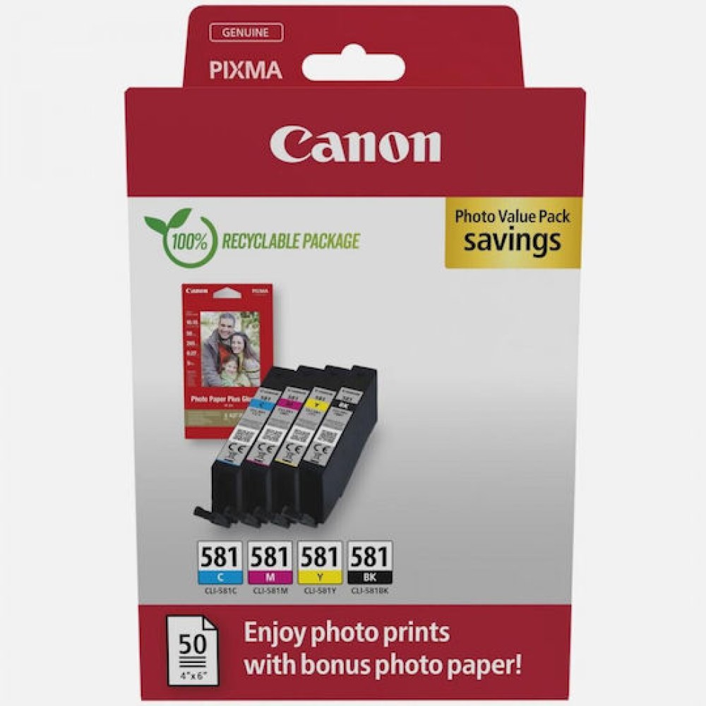 Canon CLI-581 Γνήσιο Photo Value Pack με 1 Μελάνι InkJet Κυανό / Ματζέντα / Κίτρινο / Μαύρο (2106C006)