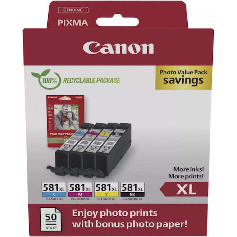 Canon CLI-581XL Γνήσιο Photo Value Pack με 4 Μελάνια Εκτυπωτή InkJet Κίτρινο / Κυανό / Ματζέντα / Μαύρο (2052C006)