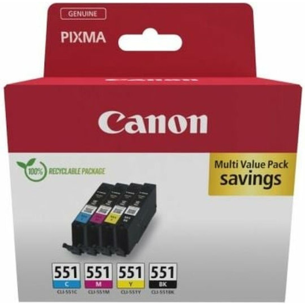 Canon CLI-551 Γνήσιο Πακέτο 4 Μελανιών Εκτυπωτή InkJet Κίτρινο / Κυανό / Ματζέντα / Μαύρο (6509B016)