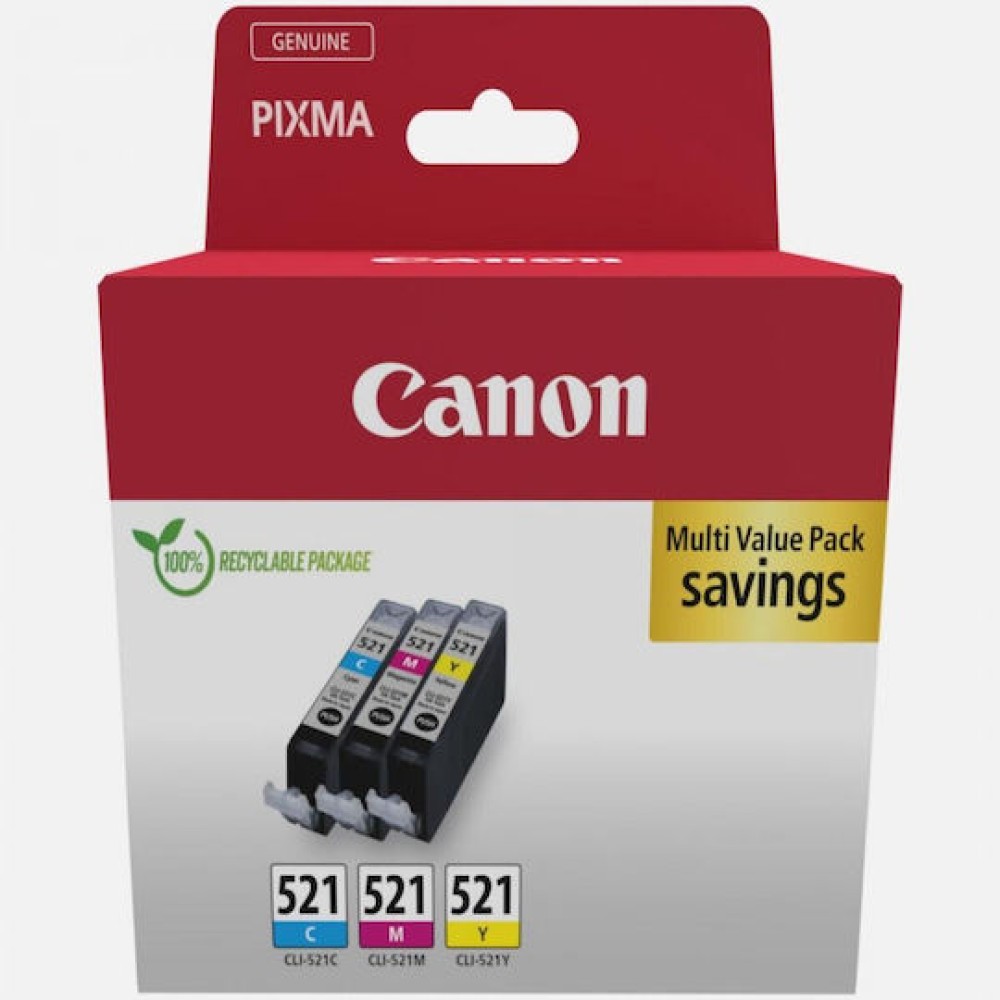 Canon CLI-521 Γνήσιο Πακέτο 3 Μελανιών Εκτυπωτή InkJet Κίτρινο / Κυανό / Ματζέντα (2934B015)