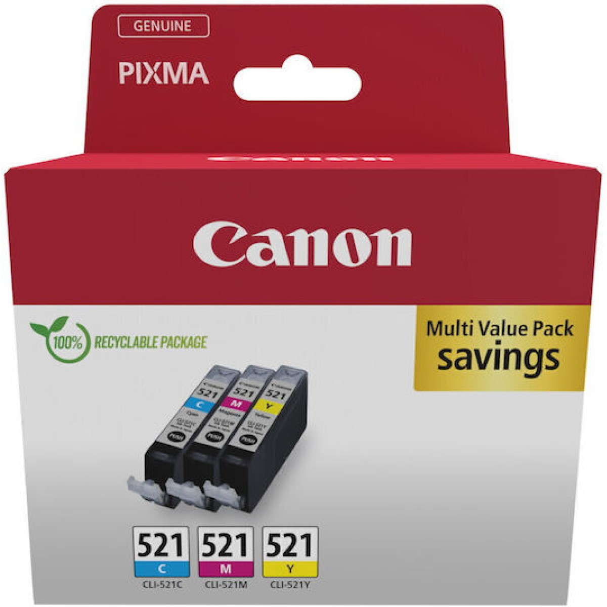 Canon CLI-521 Γνήσιο Πακέτο 3 Μελανιών Εκτυπωτή InkJet Κίτρινο / Κυανό / Ματζέντα (2934B016)