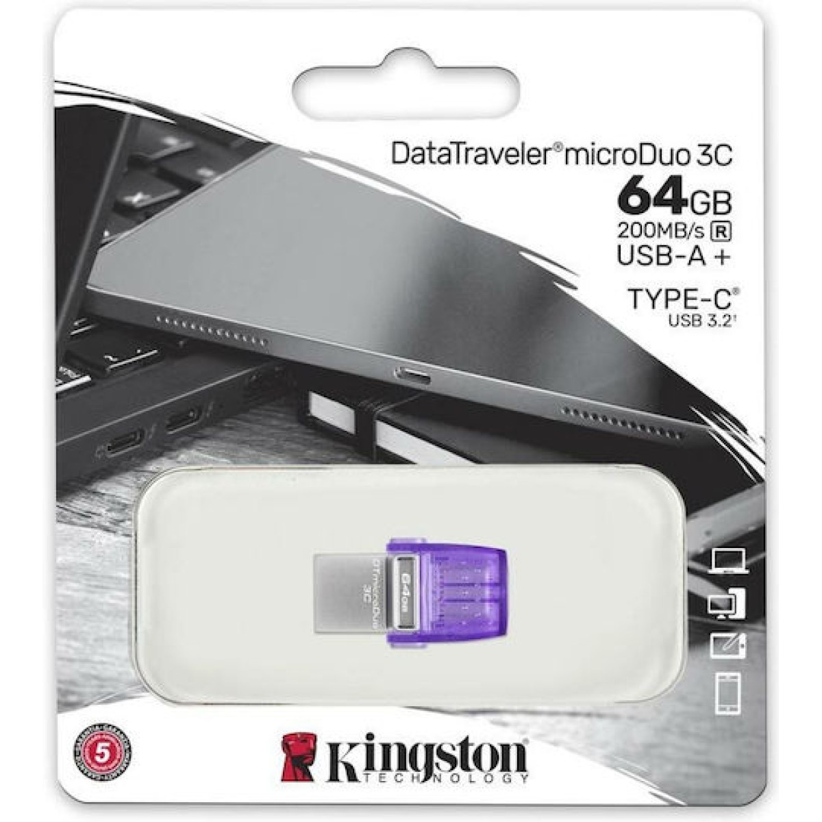 Kingston DataTraveler MicroDuo 3C 64GB USB 3.1 Stick με σύνδεση USB-A & USB-C Μωβ