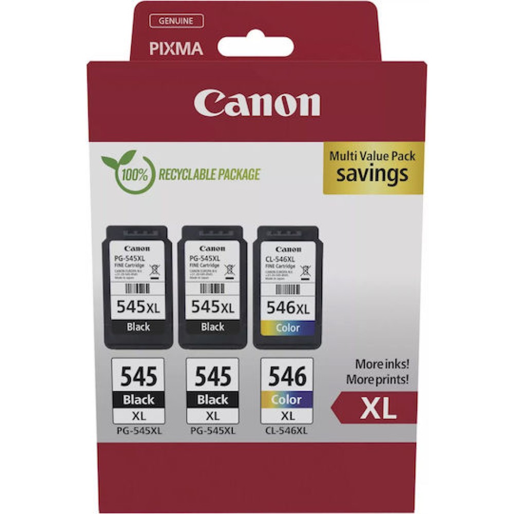 Canon PG-545 XL x2 / CL-546 XL Multi Pack Γνήσιο Photo Value Pack με 3 Μελάνια Εκτυπωτή InkJet Photo Μαύρο / Πολλαπλό (Color) (8286B013)