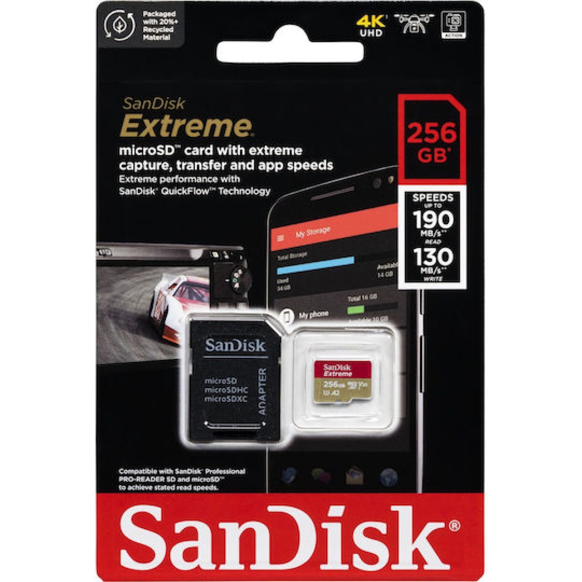 Sandisk Extreme microSDXC 256GB U3 V30 A2 UHS-I με αντάπτορα 190MB/s