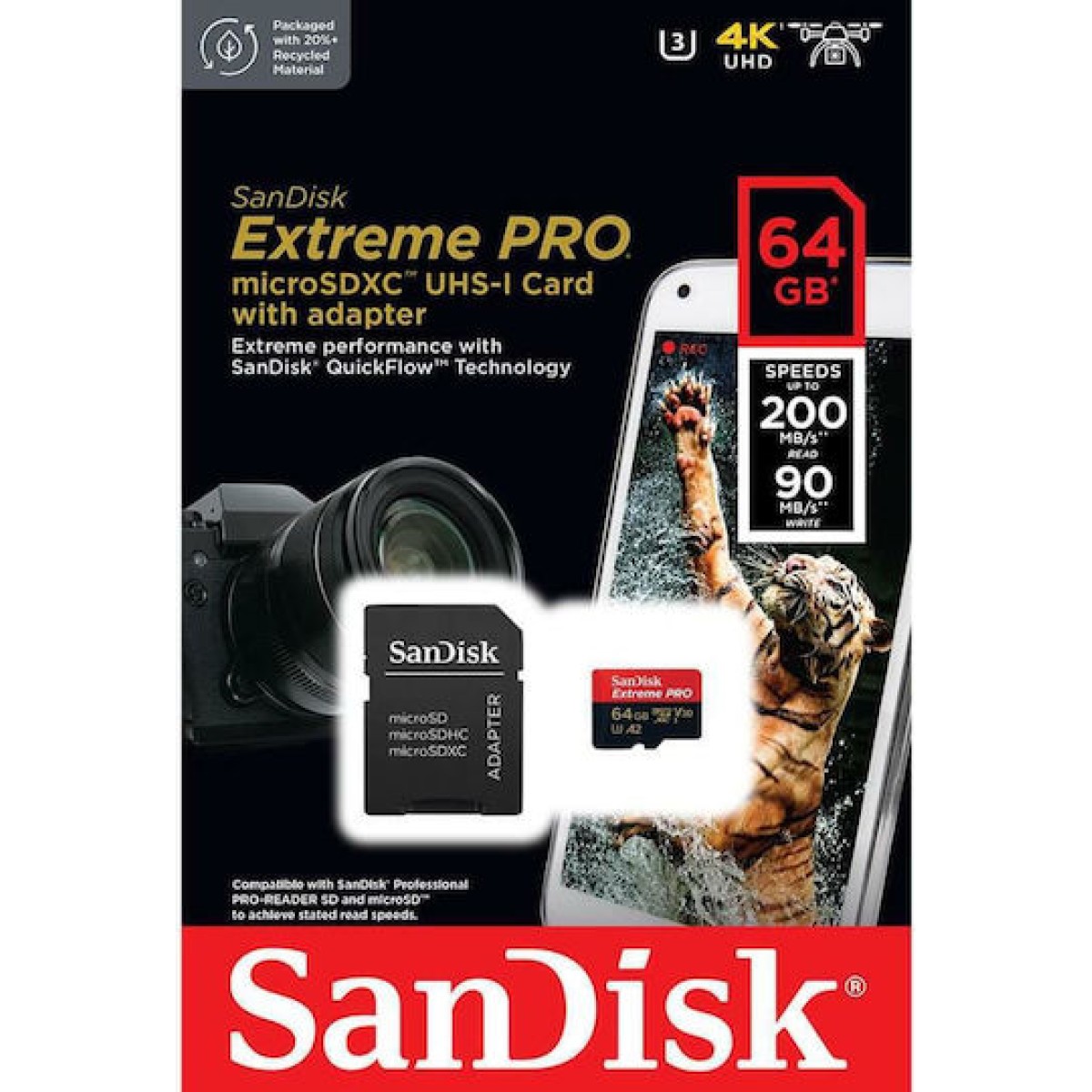 Sandisk Extreme Pro microSDXC 64GB U3 V30 A2 UHS-I με αντάπτορα 200MB/s
