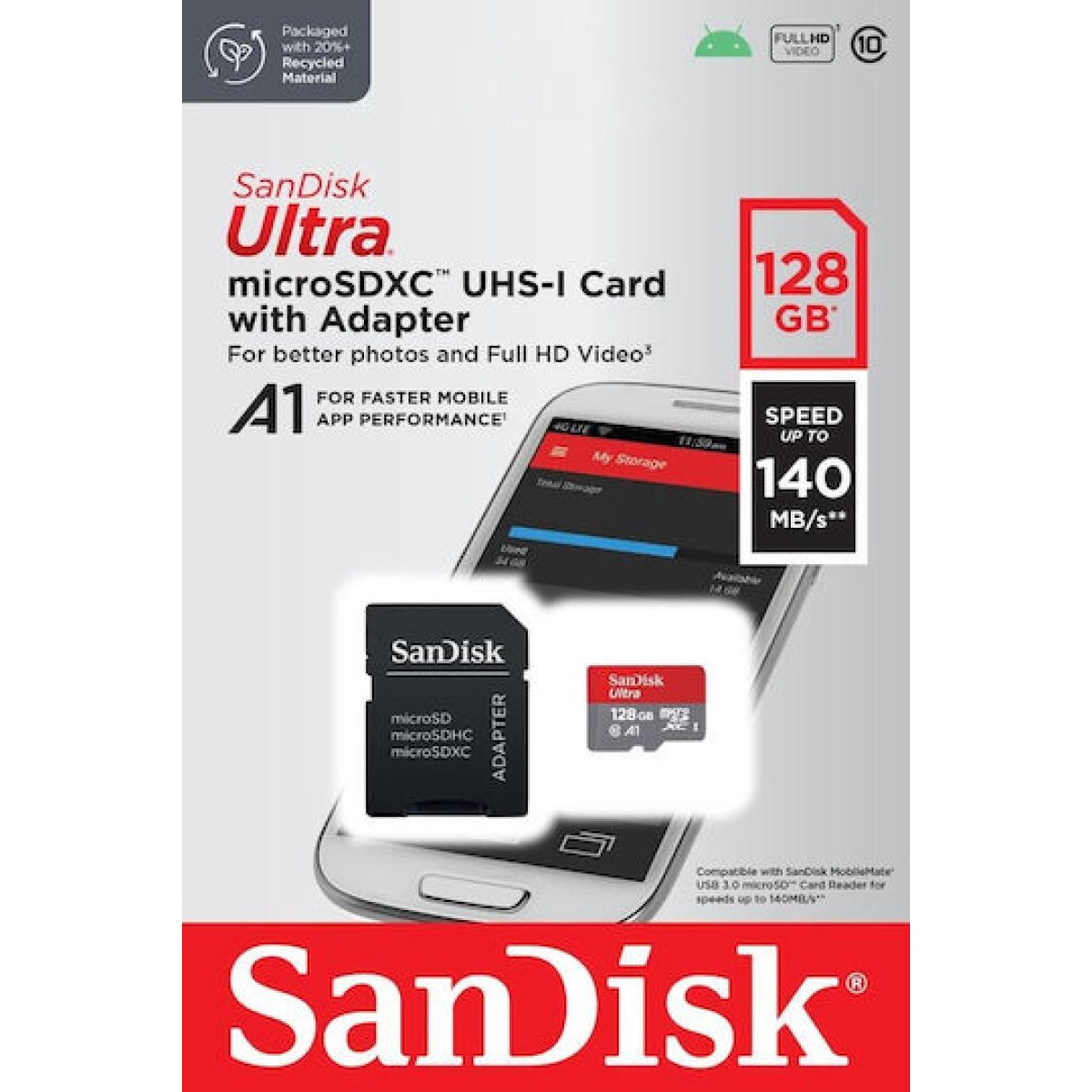 Sandisk Ultra microSDXC 128GB Class 10 U1 A1 UHS-I με αντάπτορα 140MB/s