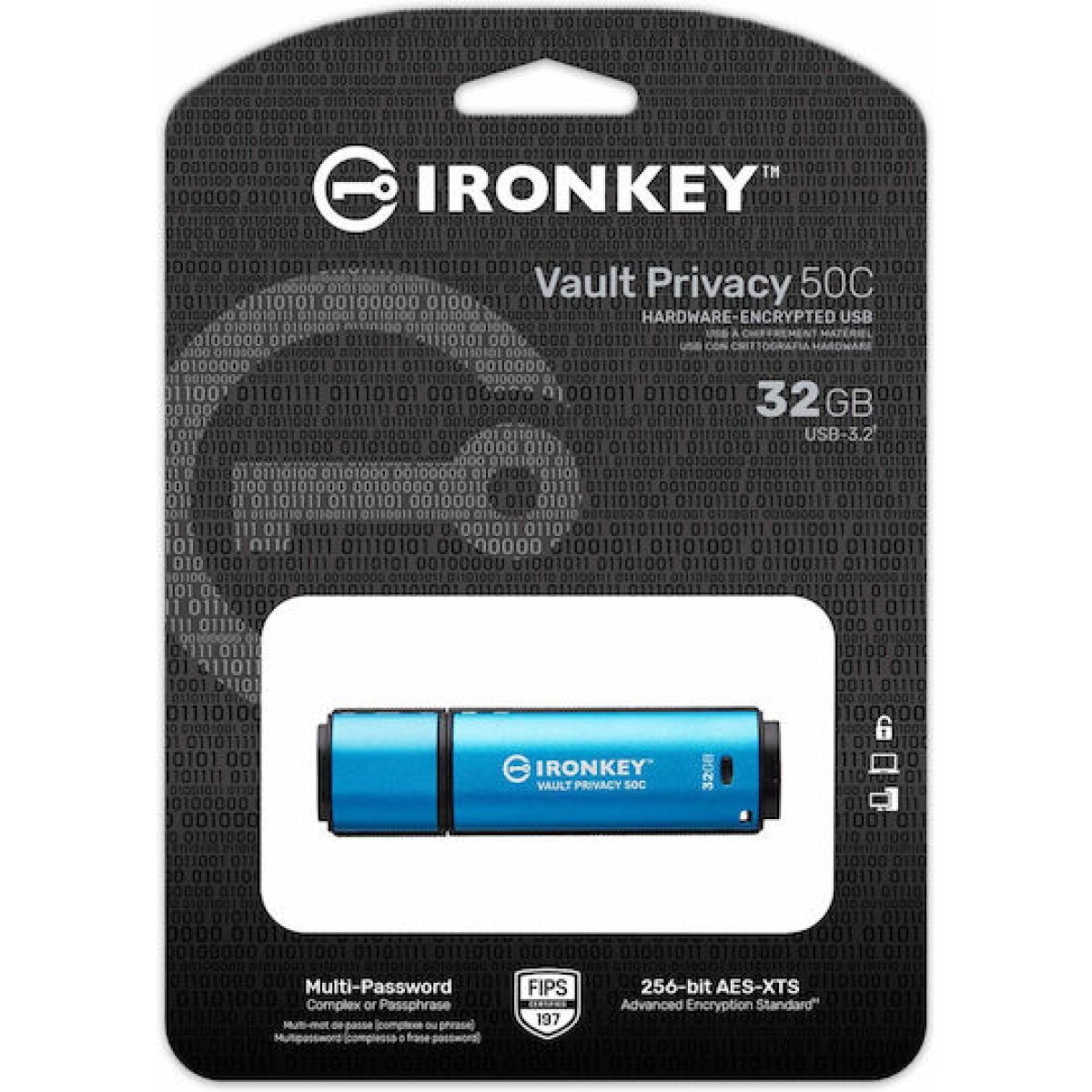 Kingston IronKey Vault Privacy 50 32GB USB 3.2 Stick με σύνδεση USB-C Μπλε