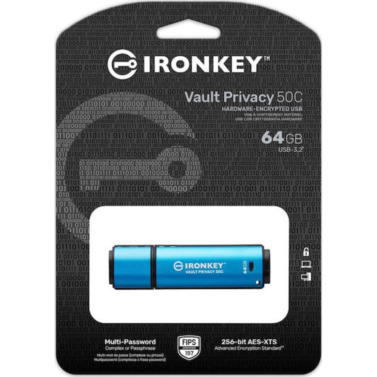 Kingston IronKey Vault Privacy 50 64GB USB 3.2 Stick με σύνδεση USB-C Μπλε