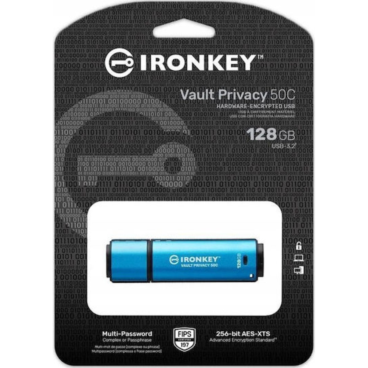Kingston IronKey Vault Privacy 50 128GB USB 3.2 Stick με σύνδεση USB-C Μπλε