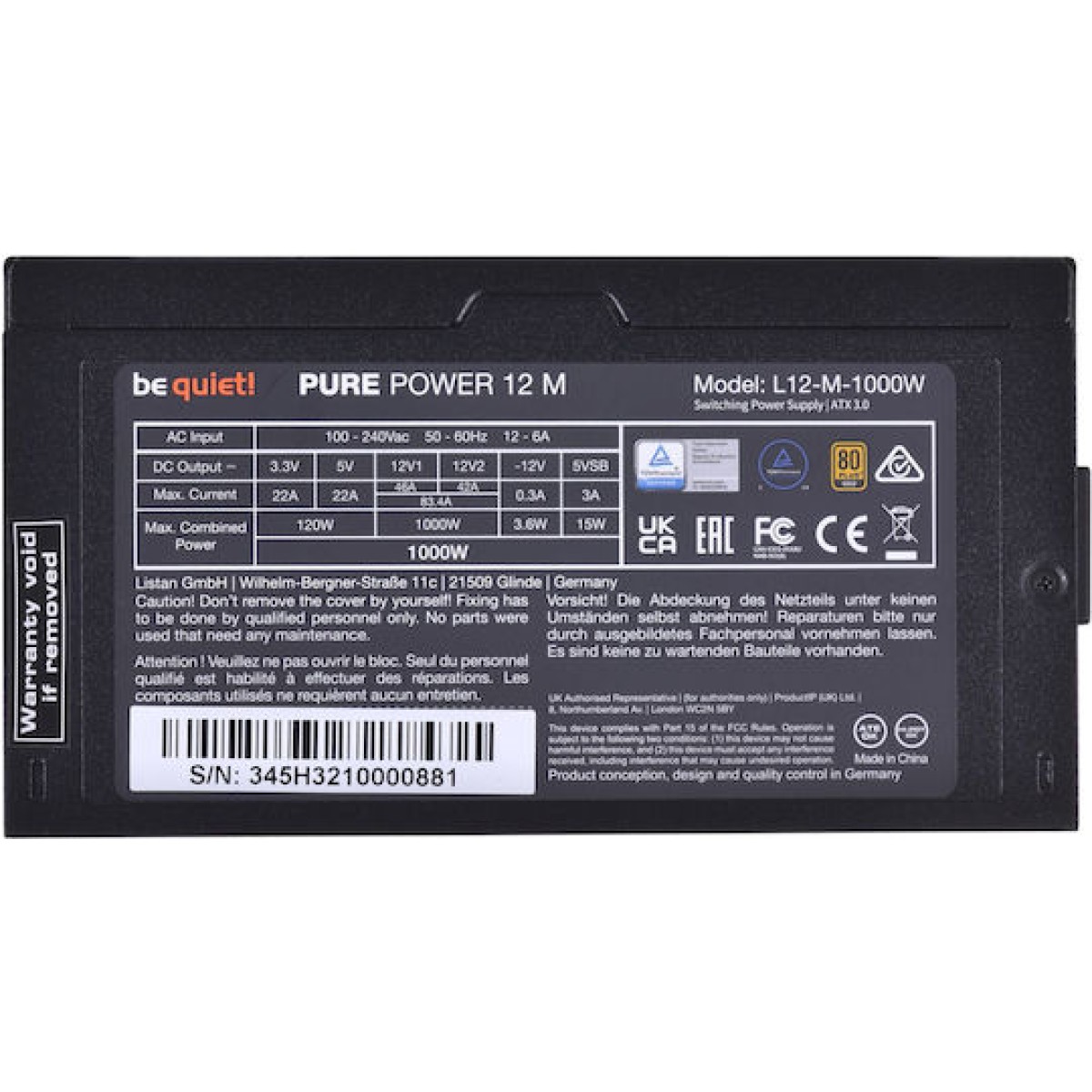 Be Quiet Pure Power 12 M 1000W Μαύρο Τροφοδοτικό Υπολογιστή Full Modular 80 Plus Gold