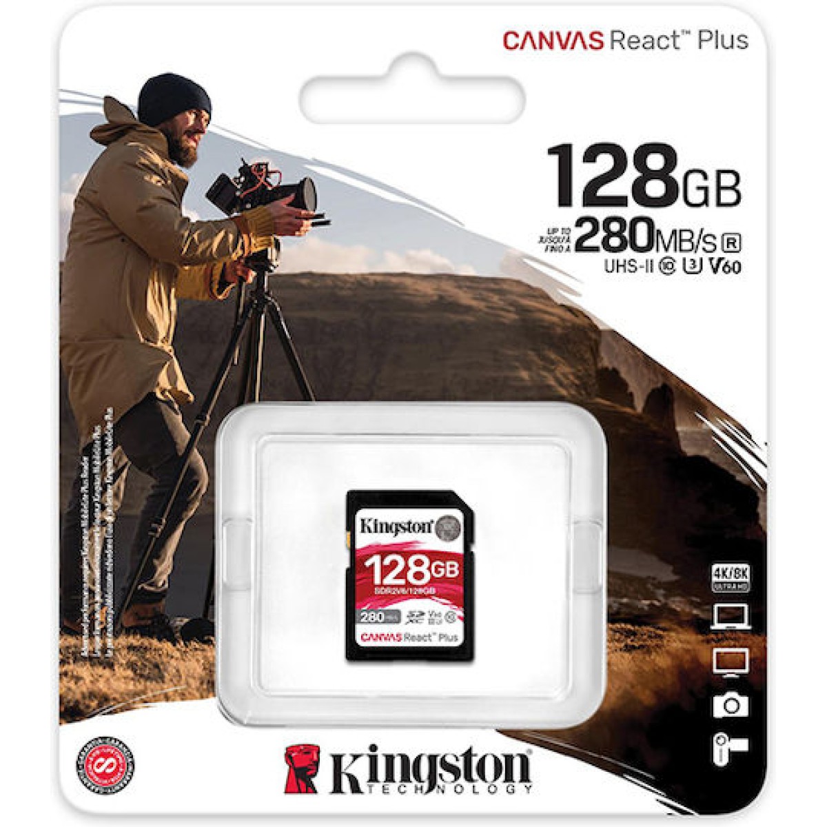 Kingston Canvas React Plus V60 SDXC 128GB Class 10 U3 V60 UHS-II