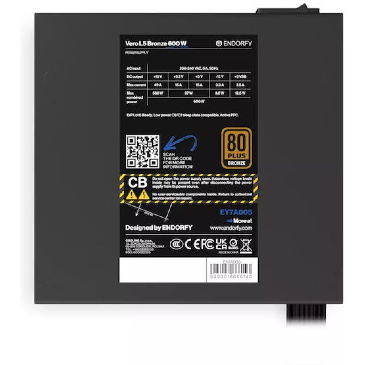 Endorfy Vero L5 Bronze 600W Μαύρο Τροφοδοτικό Υπολογιστή Full Wired 80 Plus Bronze