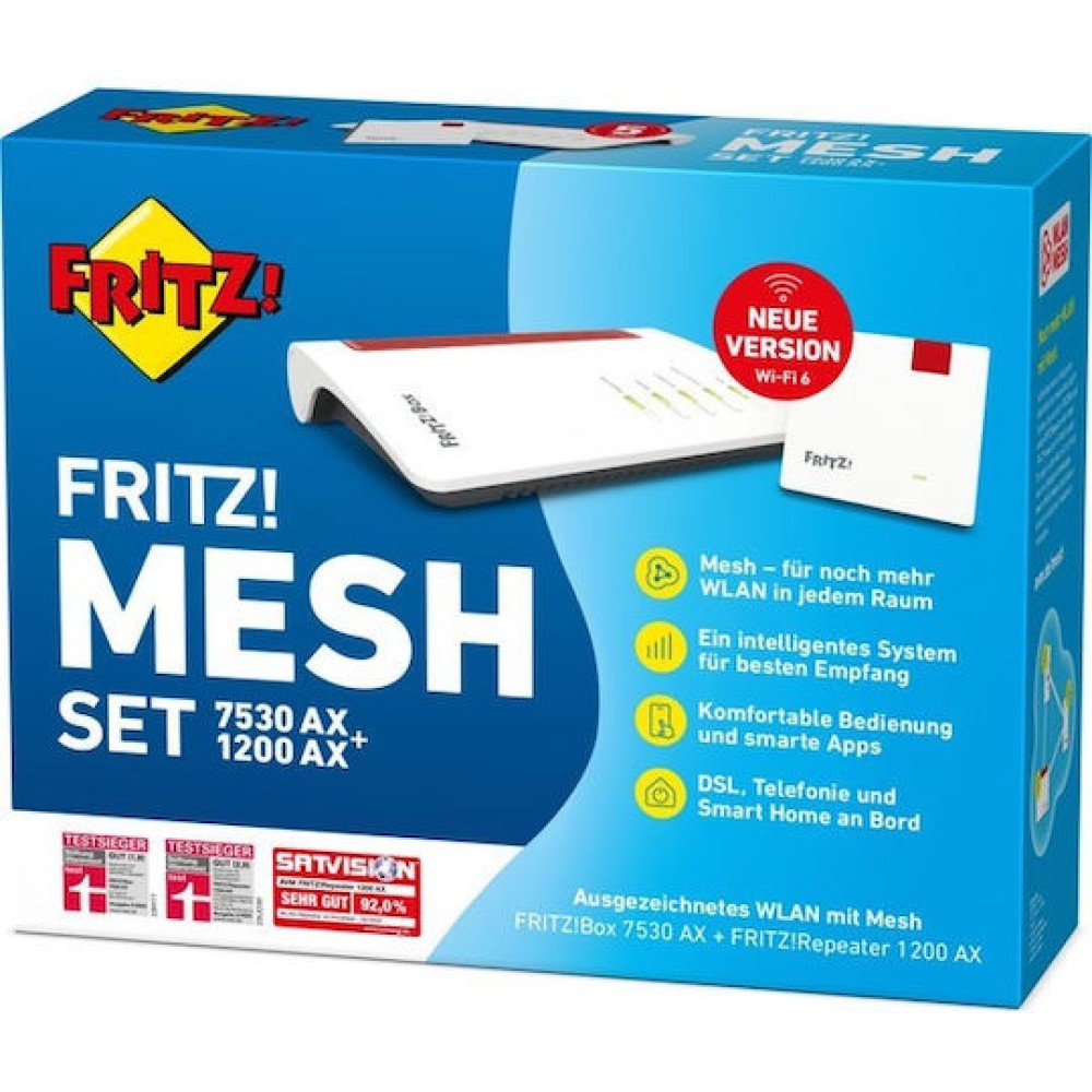 AVM FRITZ!Box 7530 AX & Fritz!Repeater 1200 AX VDSL2 Ασύρματο Modem Router Wi‑Fi 6 με 4 Θύρες Gigabit Ethernet