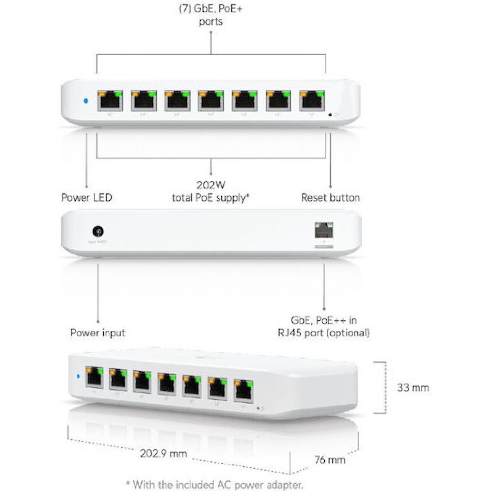 Ubiquiti Switch Ultra 210W Unmanaged L2 PoE Switch με 8 Θύρες Gigabit (1Gbps) Ethernet