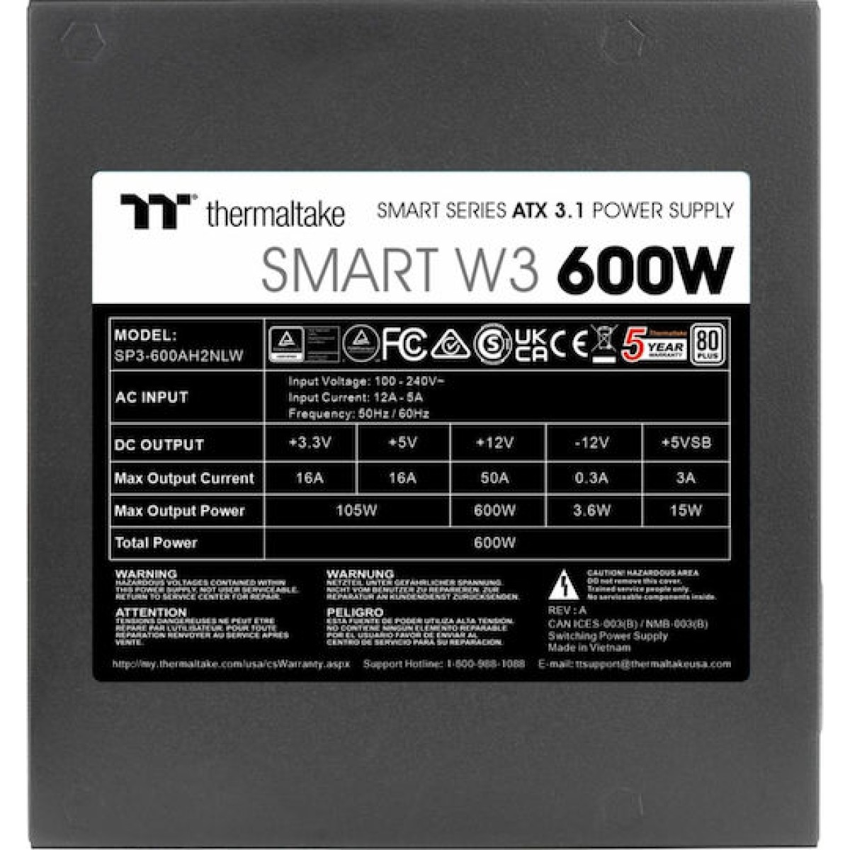Thermaltake Smart W3 600W Μαύρο Τροφοδοτικό Υπολογιστή Full Wired 80 Plus Standard