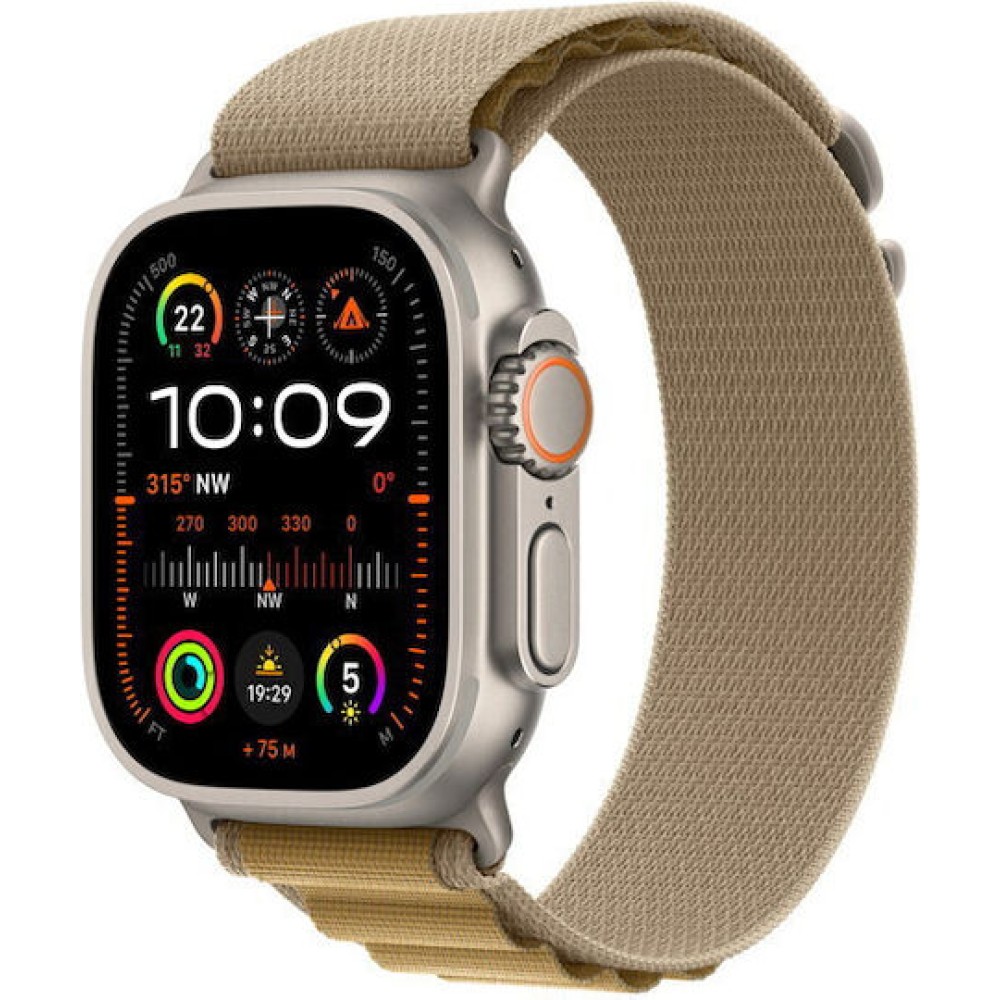 Apple Watch Ultra 2 2024 Titanium 49mm Αδιάβροχο με eSIM και Παλμογράφο (Natural με Tan Alpine Loop - Small)