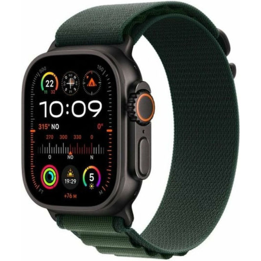 Apple Watch Ultra 2 2024 Titanium 49mm Αδιάβροχο με eSIM και Παλμογράφο (Black με Green Alpine Loop - Small)