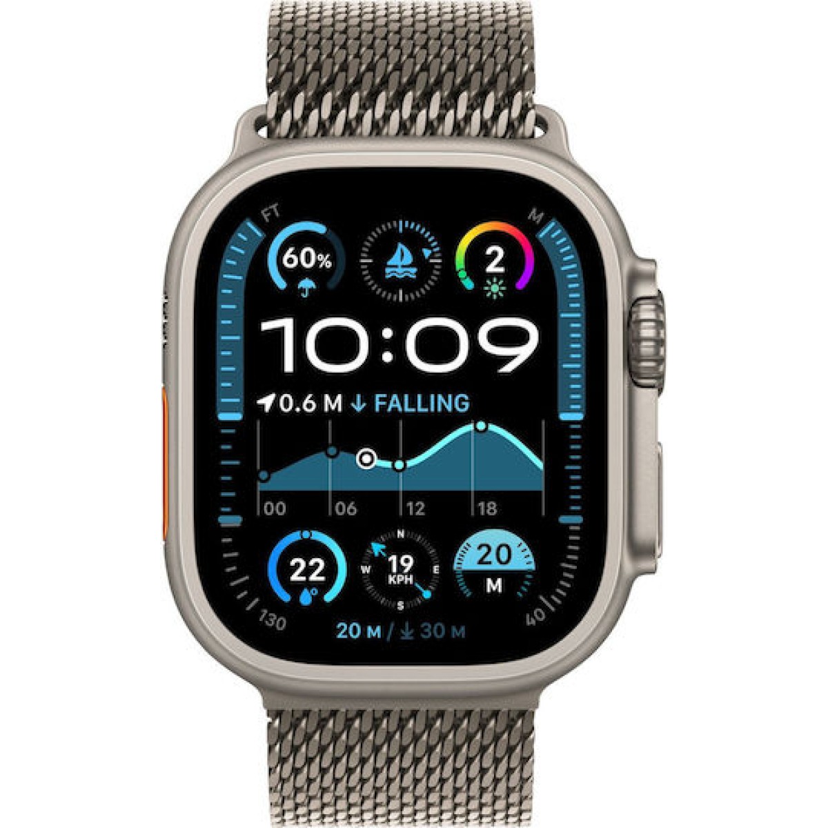 Apple Watch Ultra 2 2024 Titanium 49mm Αδιάβροχο με eSIM και Παλμογράφο (Natural με Natural Titanium Milanese Loop - Small)