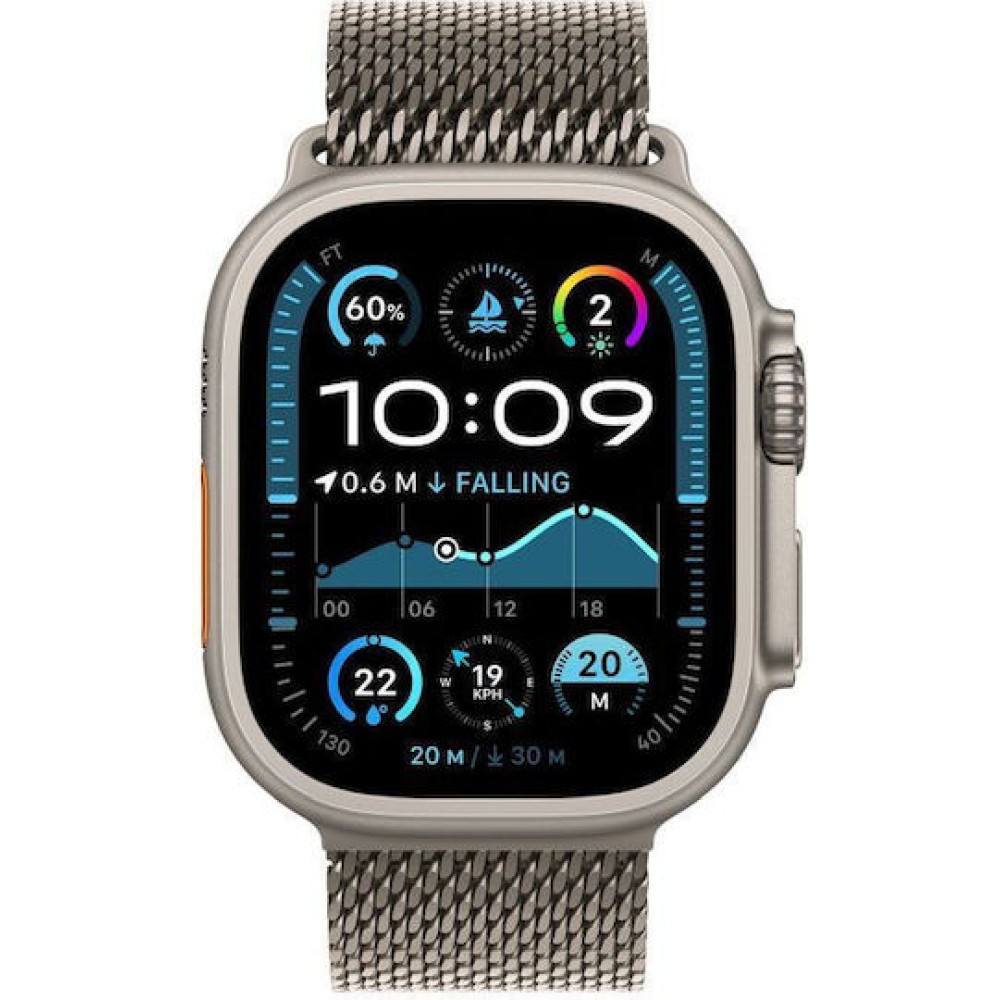 Apple Watch Ultra 2 2024 Titanium 49mm Αδιάβροχο με eSIM και Παλμογράφο (Natural με Natural Titanium Milanese Loop - M)