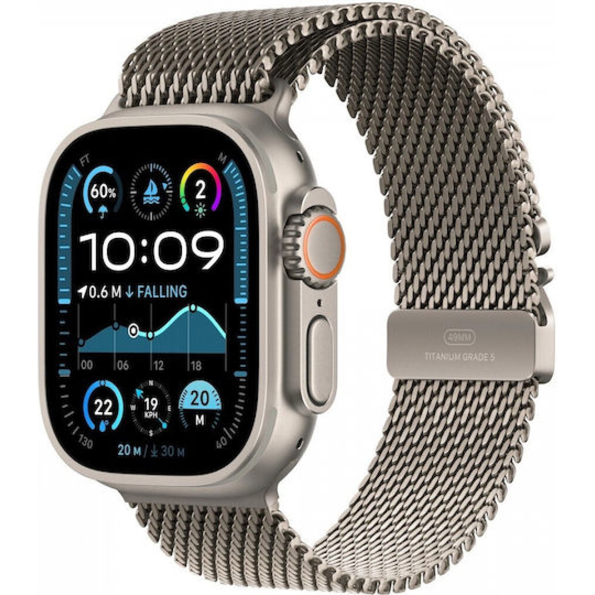Apple Watch Ultra 2 2024 Titanium 49mm Αδιάβροχο με eSIM και Παλμογράφο (Natural με Natural Titanium Milanese Loop - M)