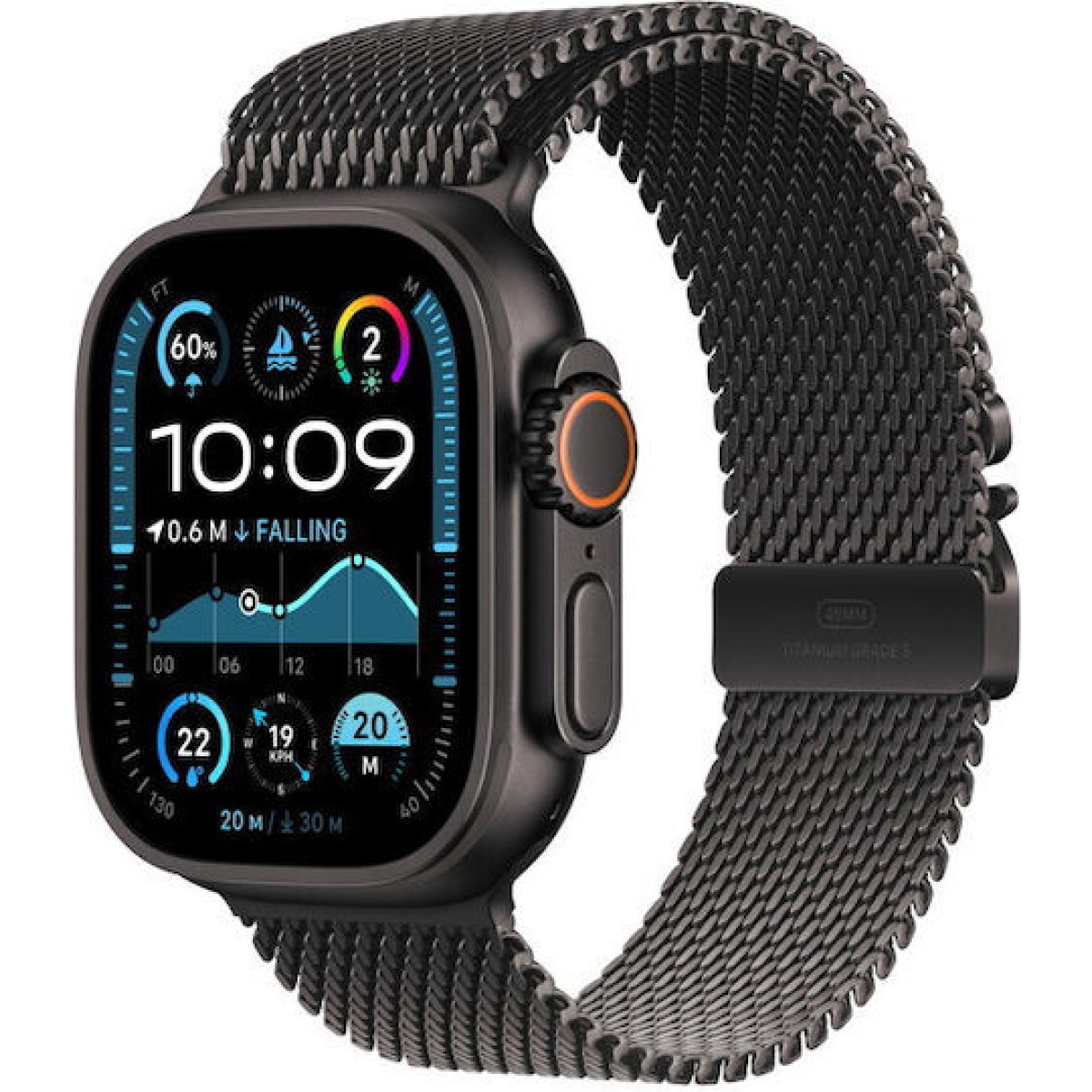 Apple Watch Ultra 2 2024 Titanium 49mm Αδιάβροχο με eSIM και Παλμογράφο (Black με Black Titanium Milanese Loop - Small)