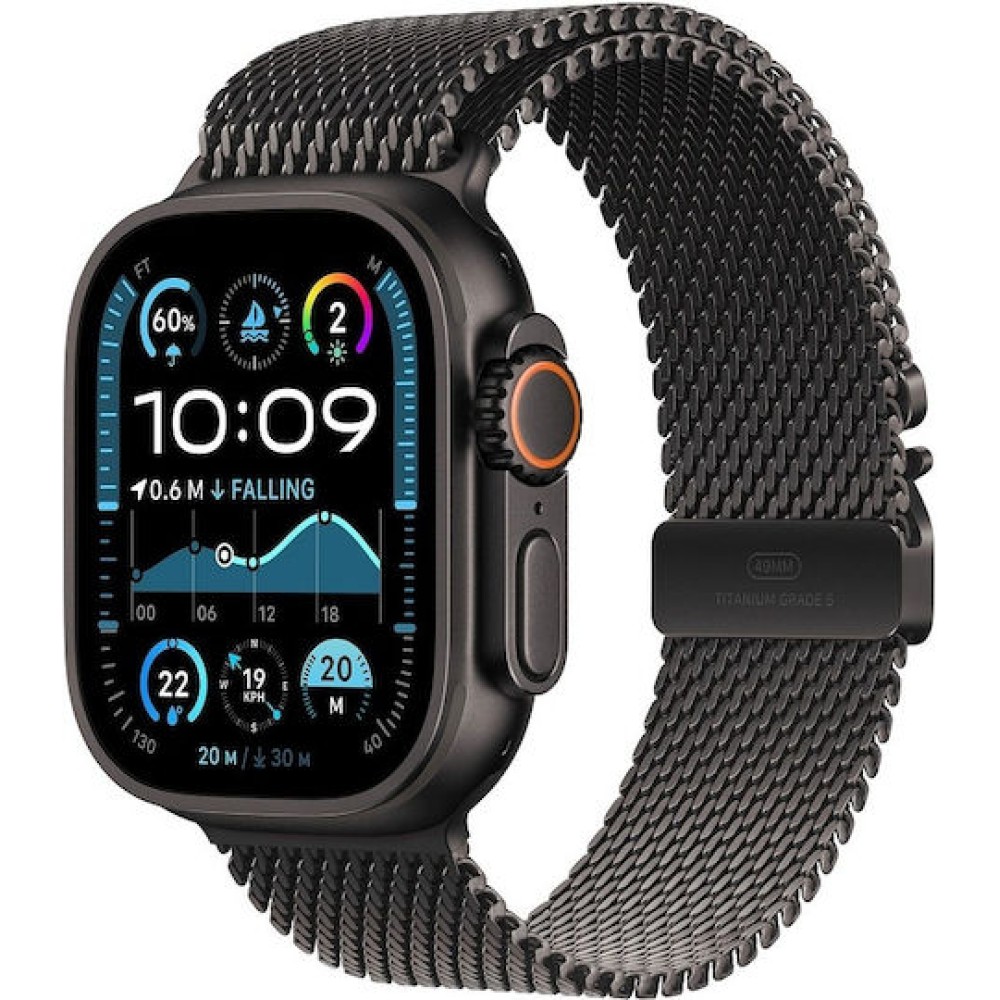 Apple Watch Ultra 2 2024 Titanium 49mm Αδιάβροχο με eSIM και Παλμογράφο (Black με Black Titanium Milanese Loop - Large)