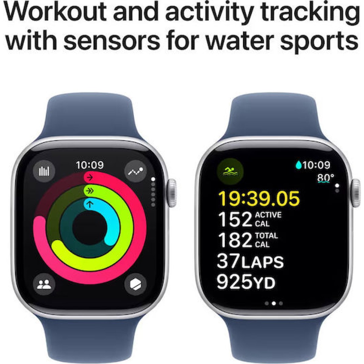 Apple Watch Series 10 Aluminium 46mm Αδιάβροχο με Παλμογράφο (Silver με Denim Sport Band (M/L))