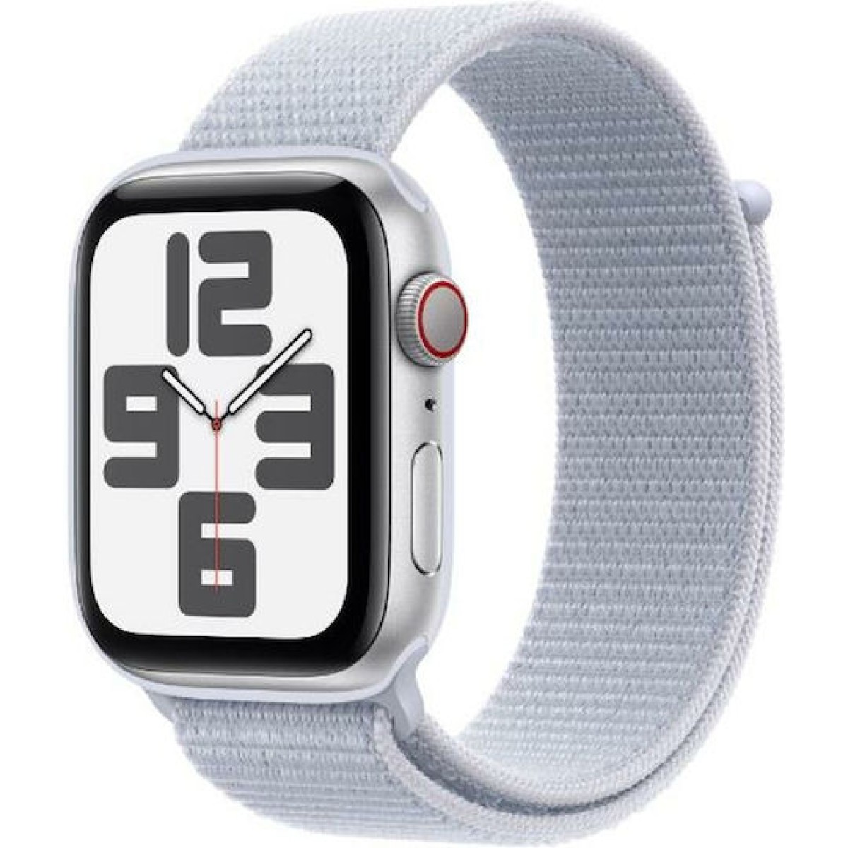 Apple Watch SE 2024 Cellular Aluminium 44mm Αδιάβροχο με eSIM και Παλμογράφο (Silver με Cloud Blue Sport Loop)