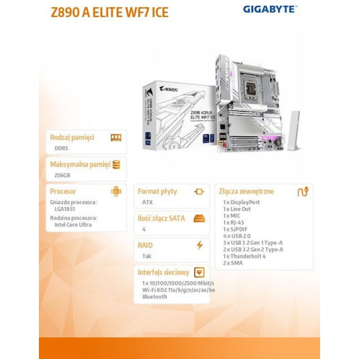 Gigabyte Aorus Elite Wifi 7 ICE Z890 Motherboard ATX με Intel 1851 Socket