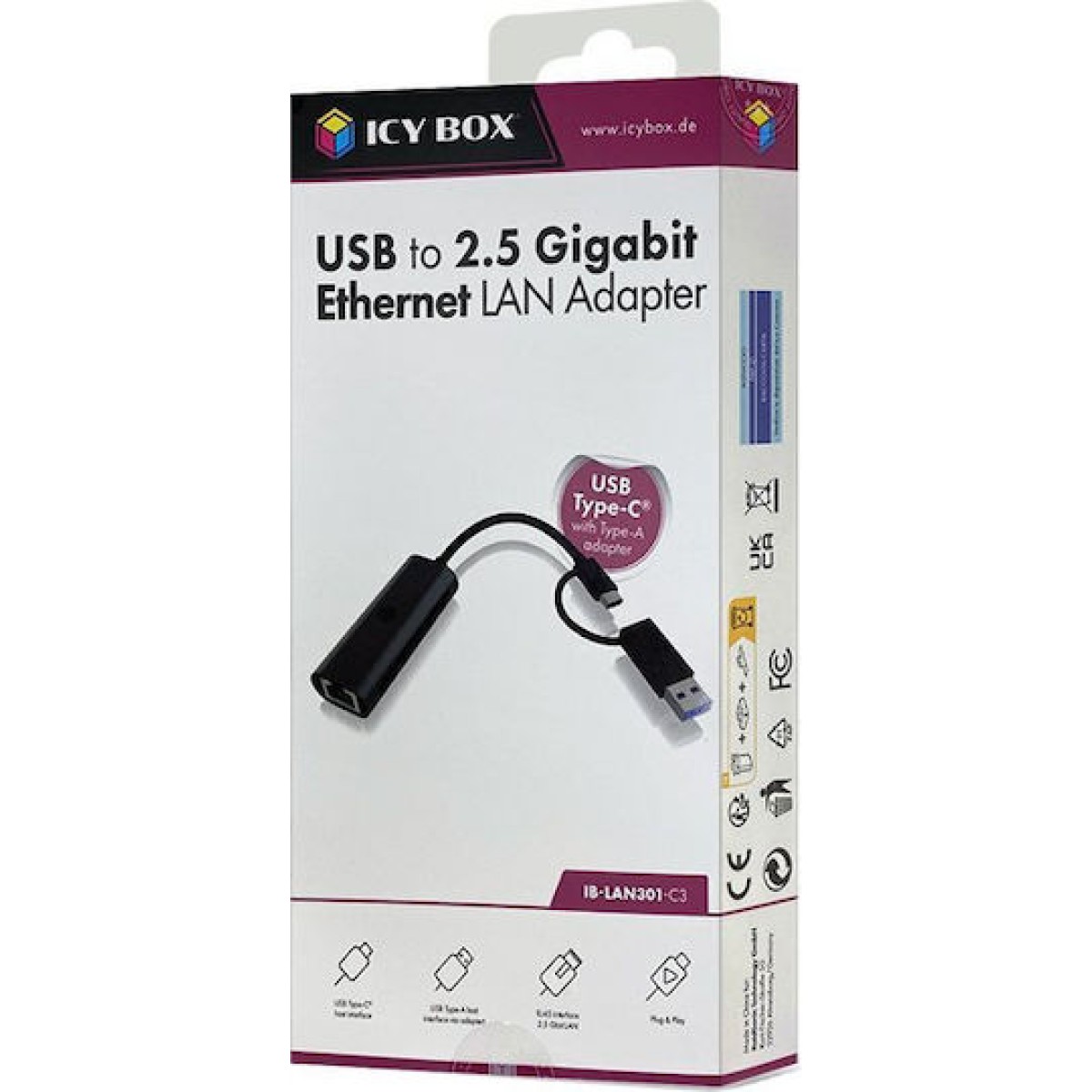 Icy Box IB-LAN301-C3 USB-C Αντάπτορας Δικτύου για Ενσύρματη σύνδεση Ethernet