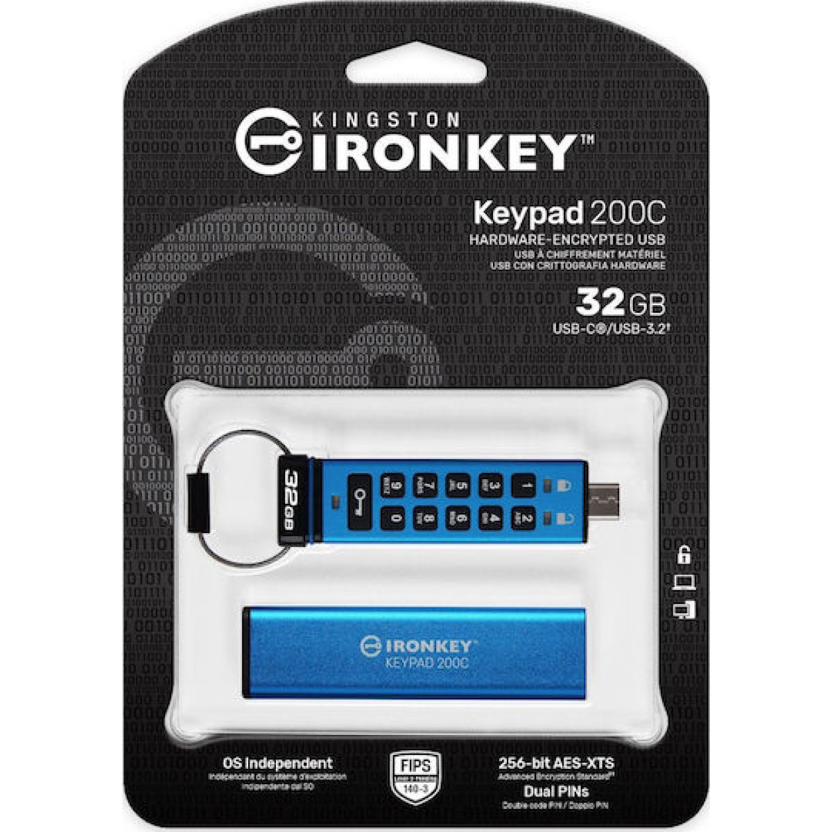 Kingston IronKey Keypad 200C 32GB USB 3.2 Stick με σύνδεση USB-C Μπλε