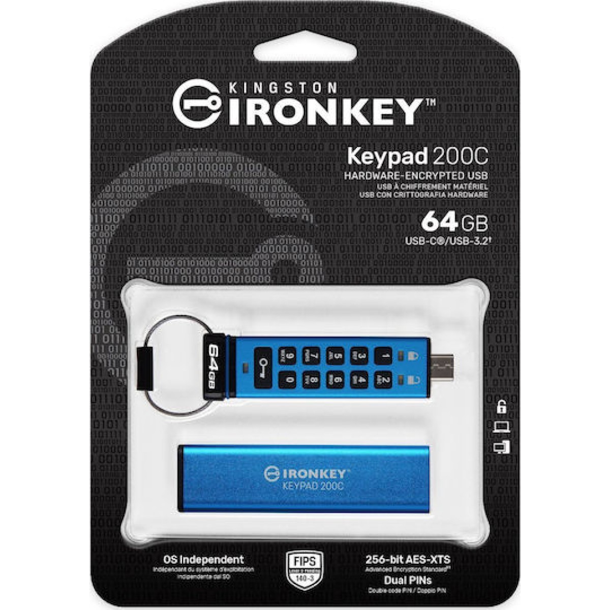 Kingston IronKey Keypad 200C 64GB USB 3.2 Stick με σύνδεση USB-C Μπλε