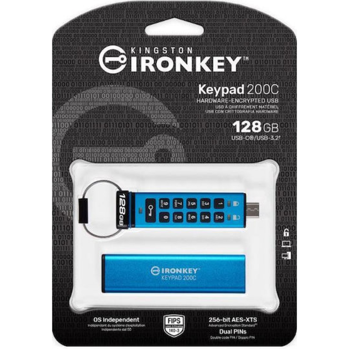 Kingston IronKey Keypad 200C 128GB USB 3.2 Stick με σύνδεση USB-C Μπλε