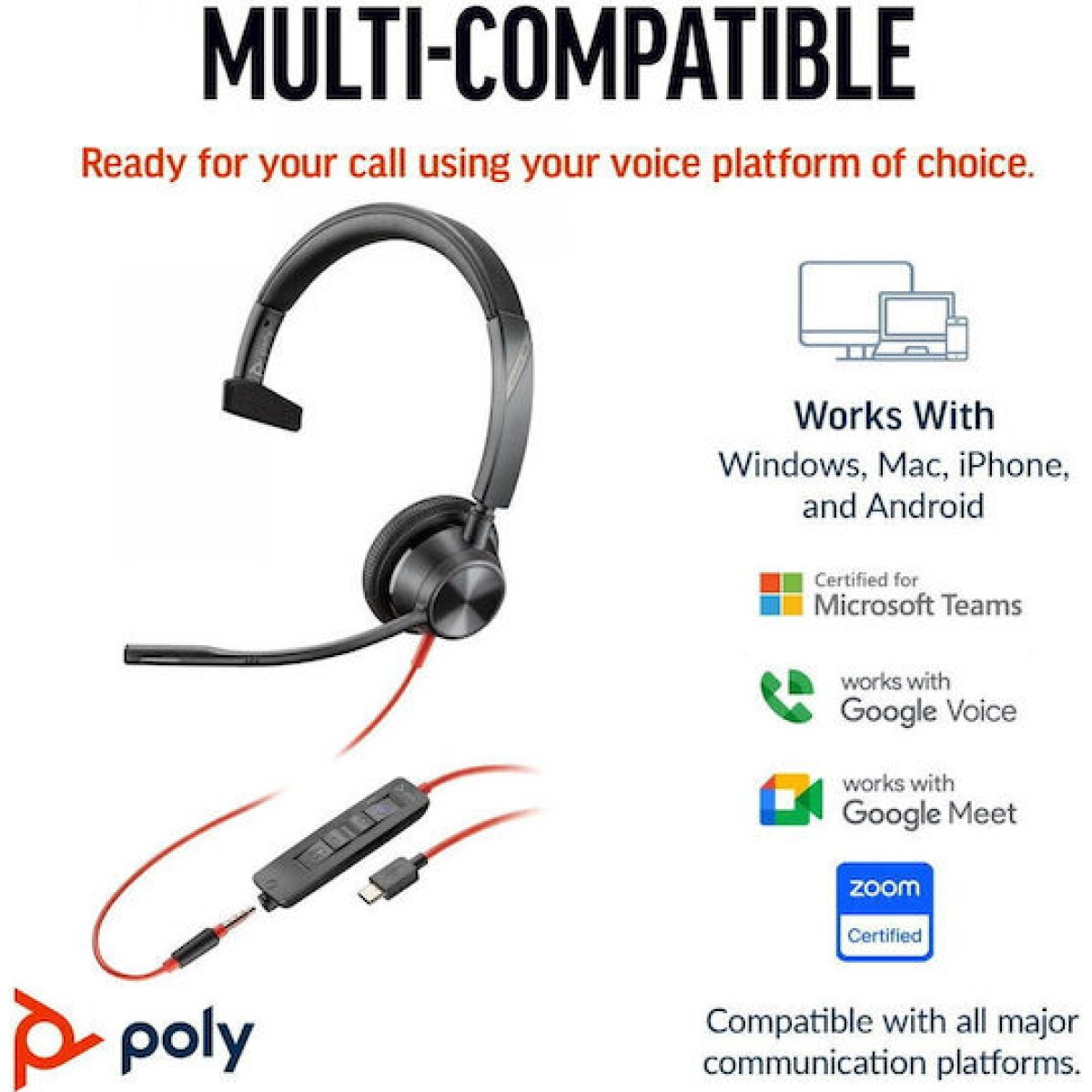 Poly Blackwire 3315 On Ear Multimedia Ακουστικά με μικρόφωνο και σύνδεση 3.5mm Jack / USB-C