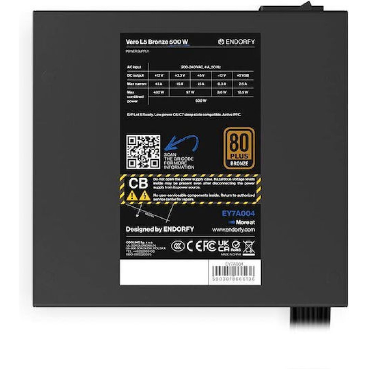 Endorfy Vero L5 Bronze 500W Μαύρο Τροφοδοτικό Υπολογιστή Full Wired 80 Plus Bronze