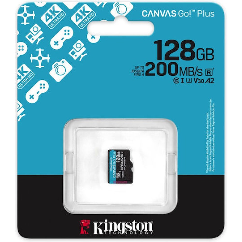 Kingston Canvas Go Plus microSDXC 128GB Class 10 U3 A2 UHS-I με αντάπτορα