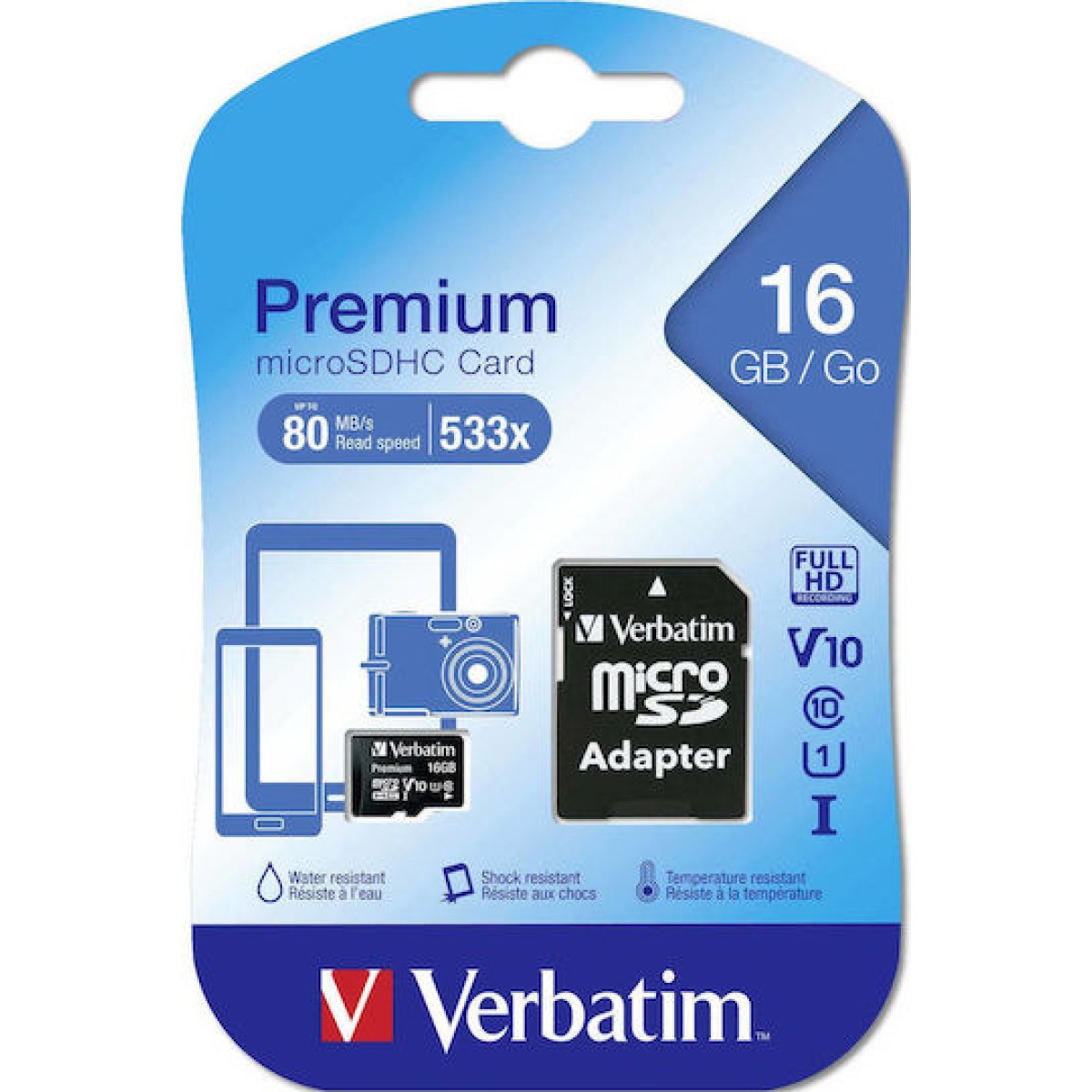 Verbatim Premium microSDHC 16GB Class 10 U1 UHS-I με αντάπτορα