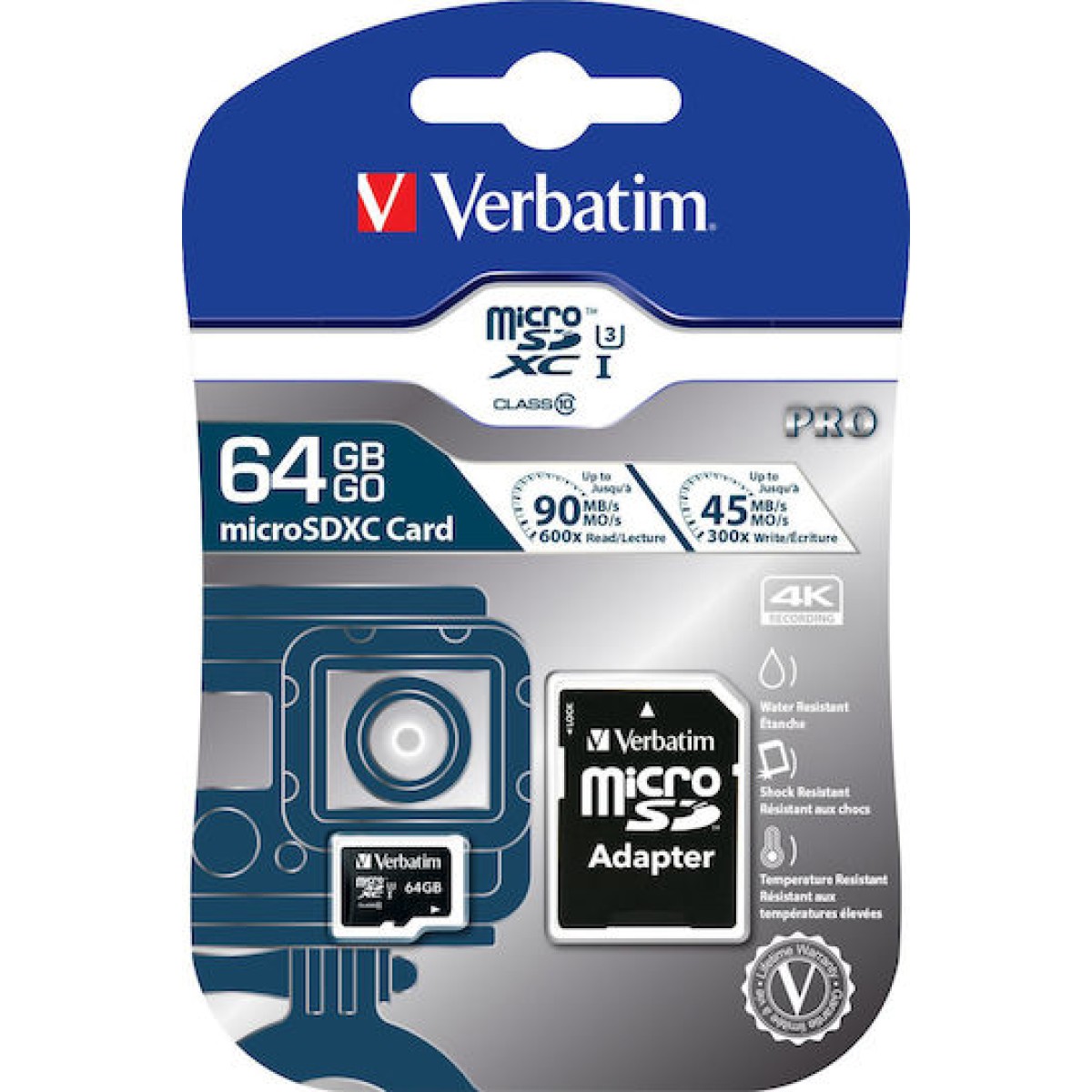 Verbatim Pro microSDXC 64GB Class 10 U3 UHS-I με αντάπτορα