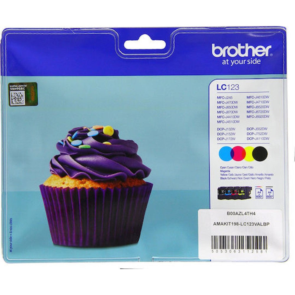 Brother LC123 Γνήσιο Πακέτο 4 Μελανιών Εκτυπωτή InkJet Κίτρινο / Κυανό / Ματζέντα / Μαύρο (LC-123VALBP)